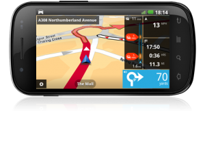 TomTom Navigation Europe app on Android smartphone display.