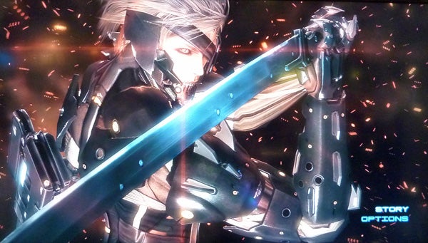 Character from Metal Gear Rising holding a glowing sword.