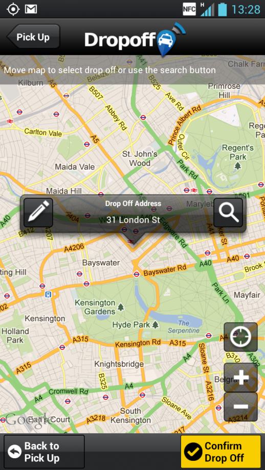 Screenshot of ubiCabs app showing drop-off location on map.
