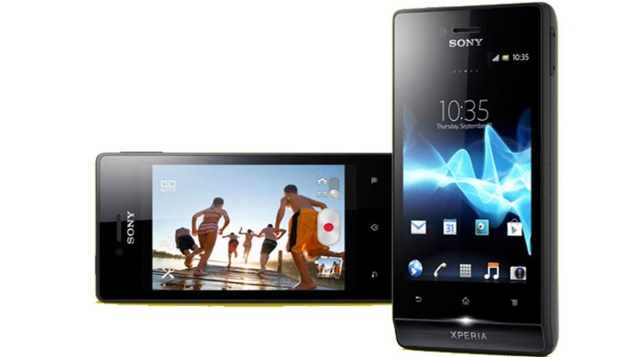 Sony Xperia Miro smartphone with camera interface displayed.