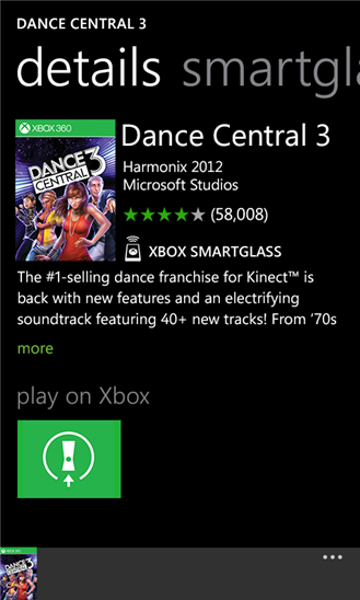 Xbox SmartGlass interface showing Dance Central 3 game details.