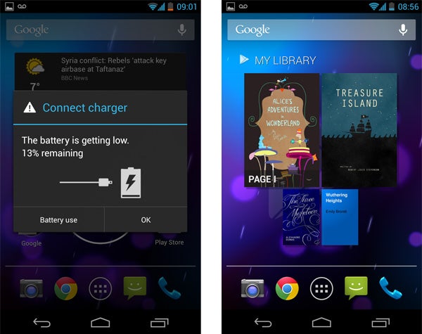 Screenshots of Google Nexus 4 showing low battery alert and library app.Google Nexus 4 smartphone by LG on black background.