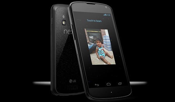 Google Nexus 4 smartphone by LG on black background.
