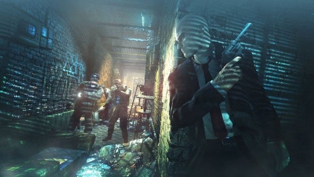 Screen capture from Hitman: Absolution video game showing stealth gameplay.
