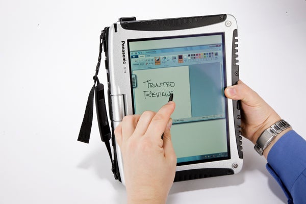 Person using Panasonic Toughbook CF-19 touchscreen with stylus