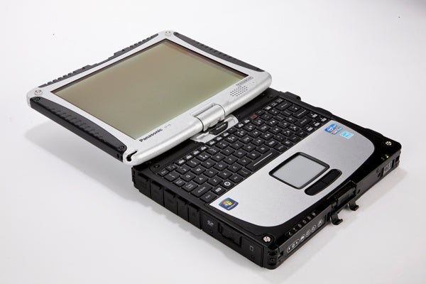 Panasonic Toughbook CF-19 rugged laptop open on table.