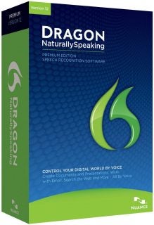 Nuance Dragon NaturallySpeaking 12 speech recognition software box.