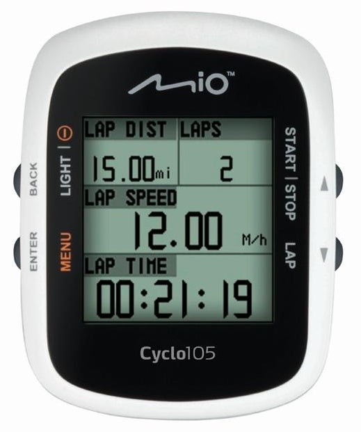 Mio Cyclo 105 HC bicycle computer displaying speed and distance data.