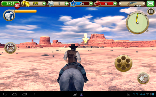 Screenshot of gameplay from the Six-Guns action game