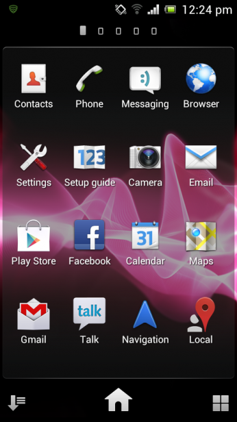 Sony Xperia J smartphone showing colorful home screen icons.Sony Xperia J smartphone displaying its home screen interface.