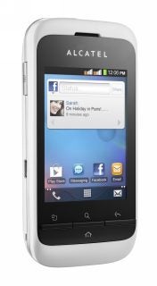 White Alcatel One Touch 903 smartphone displaying Facebook app.