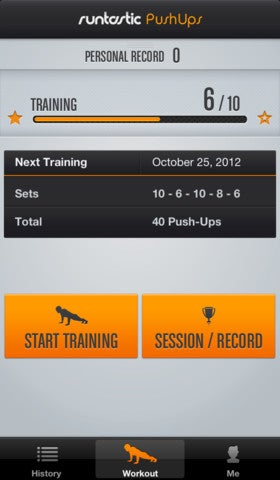 Screenshot of Runtastic Pushups Pro app training session stats.Runtastic Pushups Pro app showing annual push-up statistics.