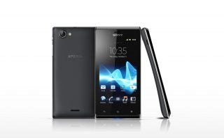 Sony Xperia J smartphone displayed from multiple angles.