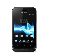 Sony Xperia Tipo smartphone on display with screen visible.