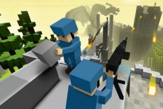 Minecraft-style characters holding weapons in a blocky landscape.