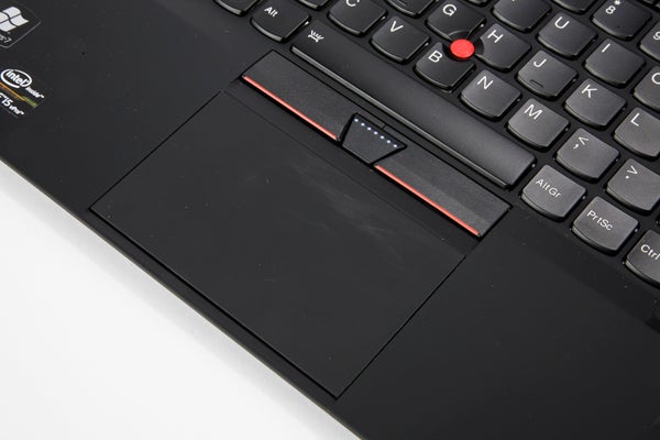 Close-up of Lenovo ThinkPad X1 Carbon's keyboard and trackpad.