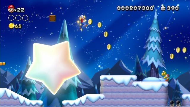 Screenshot of gameplay in a snow level from New Super Mario Bros U.