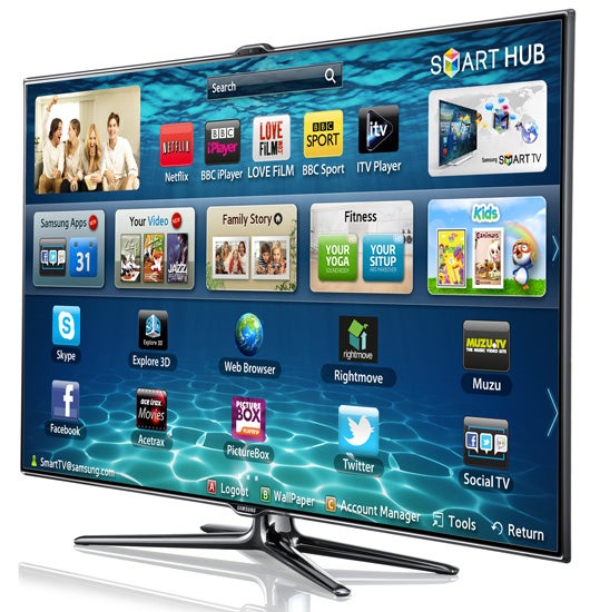 Samsung UE40ES7000 Smart TV displaying colorful interface with apps