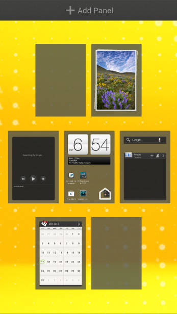 HTC One XL phone interface with multiple app screens displayed.HTC One XL home screen with yellow wallpaper and apps.