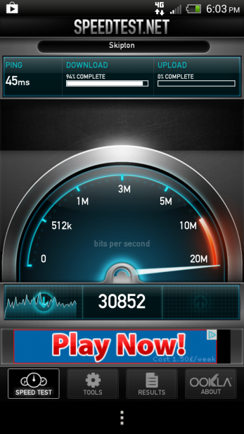 Speed test result on HTC One XL showing high download speeds.HTC One XL smartphone displaying installed apps screen.
