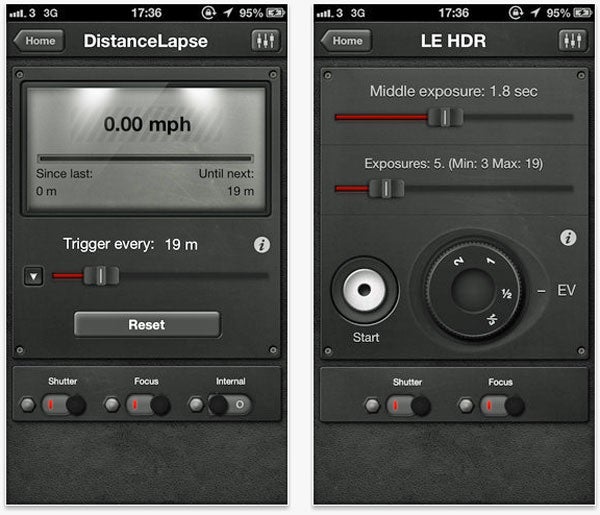 Screenshots of Triggertrap Mobile app's DistanceLapse and LE HDR features.