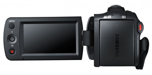 Samsung HMX-F80BP camcorder with flip-out LCD screen.