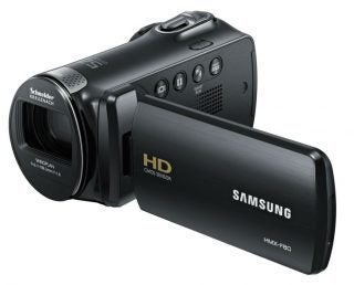 Samsung HMX-F80BP camcorder with Schneider lens and HD logo.
