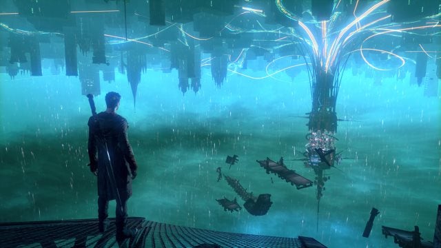Character overlooking a surreal, inverted cityscape in DmC: Devil May Cry.
