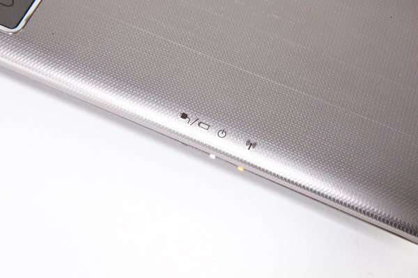 Close-up of Toshiba Satellite P845T laptop edge with ports.