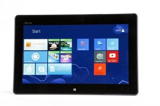 Asus VivoTab Smart tablet displaying Windows Start screen.