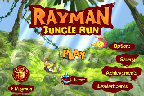 Rayman Jungle Run game main menu screen with play options.