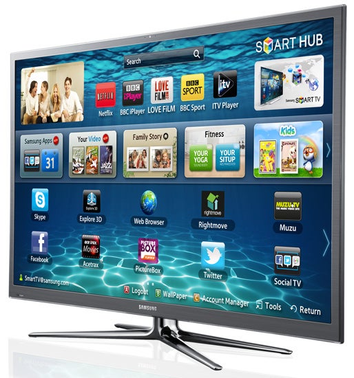 Samsung PS64E8000 Smart TV displaying colorful Smart Hub interface.