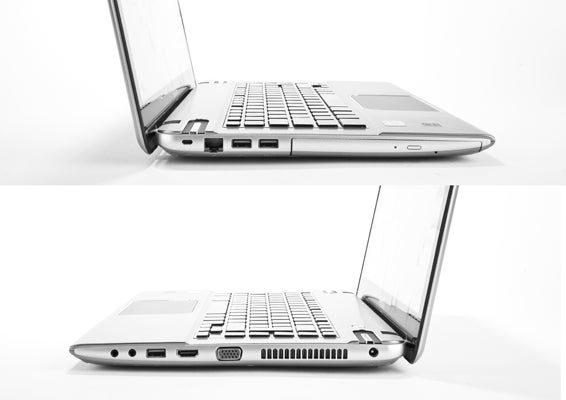 Toshiba Satellite P845T laptop with open lid, side views.