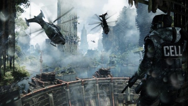 Soldier overlooking helicopters flying above a post-apocalyptic city.