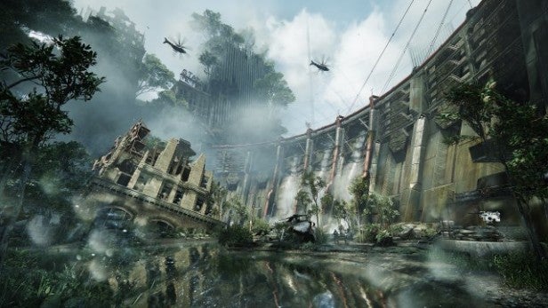 Screenshot of Crysis 3 showing an overgrown cityscape with helicopters.