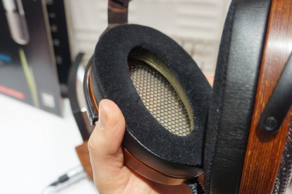 Close-up of Sennheiser Orpheus HE 90 headphones ear cup.