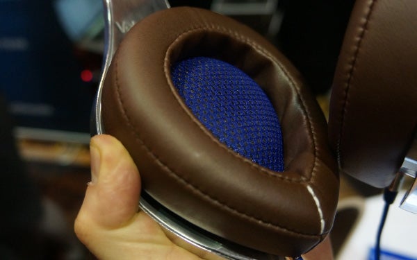 Close-up of Velodyne vTrue headphones with blue fabric interior.