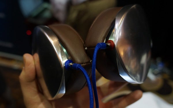 Close-up of Velodyne vTrue headphones with blue cable