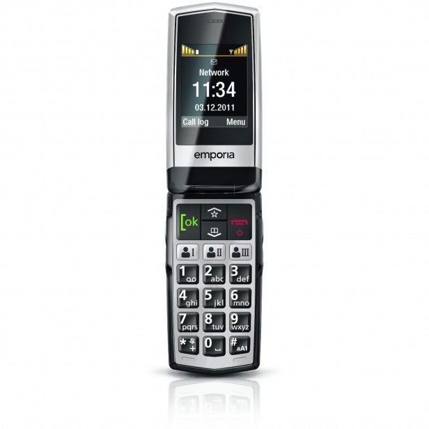 EmporiaCLICK flip phone with large buttons and display.