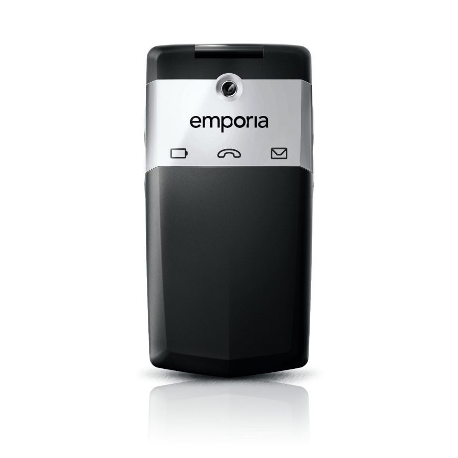 EmporiaCLICK flip phone closed, frontal view on a white background.