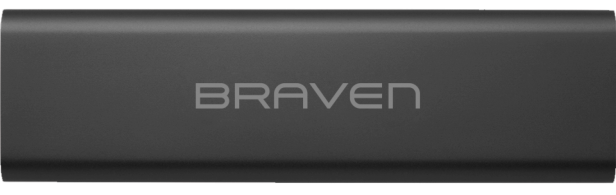 Close-up of a Braven portable speaker in black color.