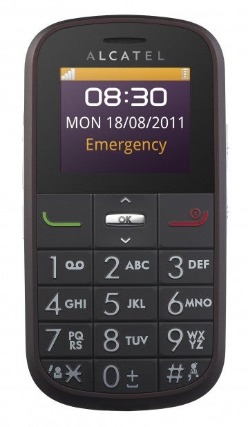 Alcatel cellphone showing time and emergency contact screen.