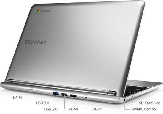 Samsung Series 3 Chromebook with open ports labeled.