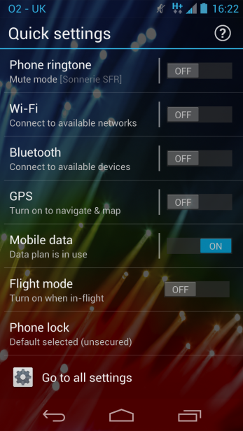 Smartphone quick settings menu with Wi-Fi and Bluetooth off, mobile data on.