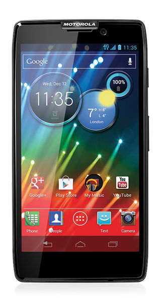 Motorola Razr HD smartphone displaying home screen apps and widgets.