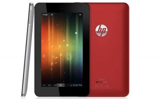 HP Slate 7 tablet in red with screen display visible.