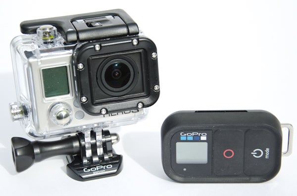 GoPro camera interface and ski action shot quality display.