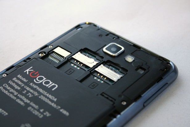 Kogan Agora smartphone back cover removed showing internal components.