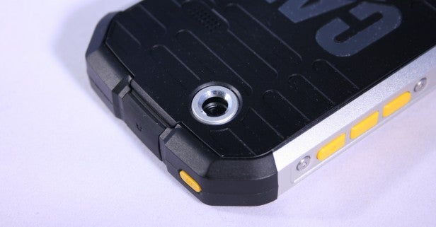 Close-up of a rugged camera's battery compartment.