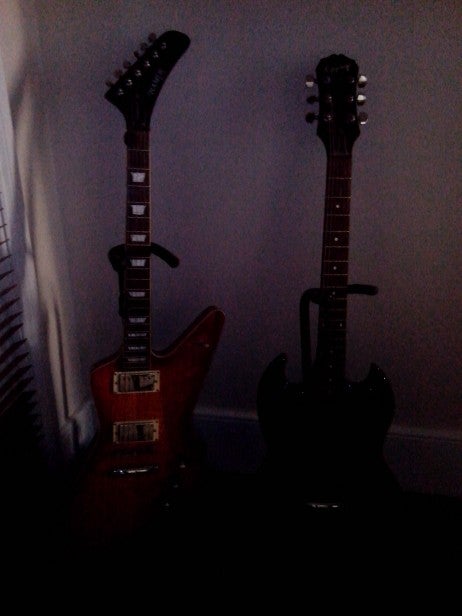 Low light test shot of two electric guitars